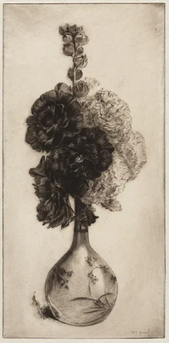 Hollyhocks in a Long-necked Vase by James David Smillie, print, 1891
