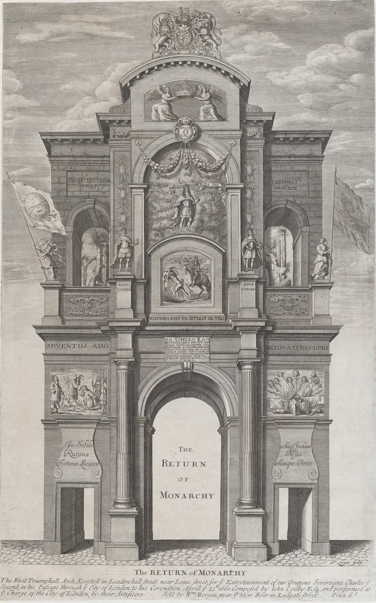The Return of Monarchy; the first triumphal arch erected for Charles II in his passage through the city of London for his coronation, April 22, 1661 by David Loggan, print, 1662