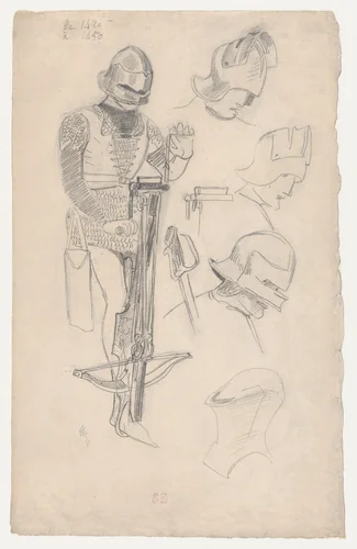 Study of Medieval Armor and a Crossbow (recto); Studies of a Medieval Helmet (verso) by Eugène Delacroix, drawing, 1825