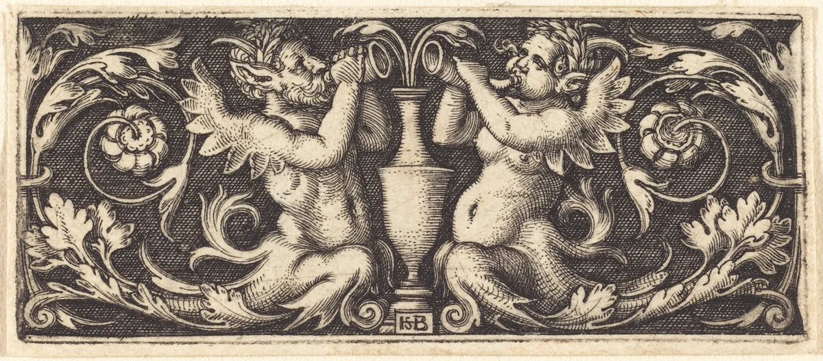 Ornament with a Couple of Tritons Blowing Horns by Sebald Beham; Barthel Beham, print, 1544
