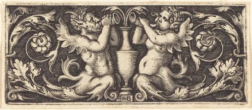 Ornament with a Couple of Tritons Blowing Horns by Sebald Beham; Barthel Beham, print, 1544