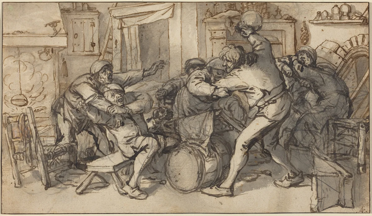 Peasants Fighting in a Tavern by Adriaen van Ostade; Cornelis Dusart, drawing, 1640-1685