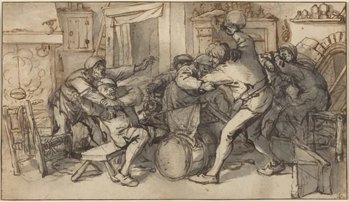 Peasants Fighting in a Tavern by Adriaen van Ostade; Cornelis Dusart, drawing, 1640-1685