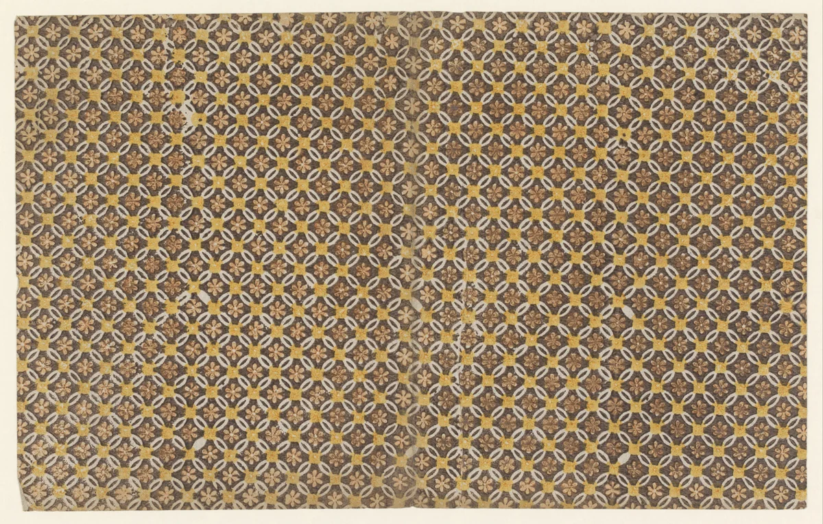 Blad met patroon van geschakelde ringen waarin een uitgespaard rozet by anonymous, print, 1750-1900