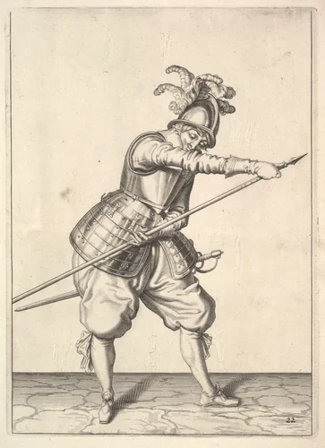 A soldier sliding his right hand along the training-pike, from the Lansquenets series, plate 22, in "Wapenhandelinghe van Roers Musquetten Ende Spiessen" (The Exercise of Arms) by Jacques de Gheyn II, print, 1575-1629
