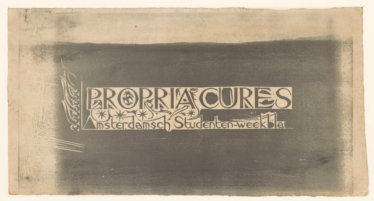 Titelhoofd voor Propria Cures, Amsterdamsch studenten-weekblad by Gerrit Willem Dijsselhof, print, 1892-1893