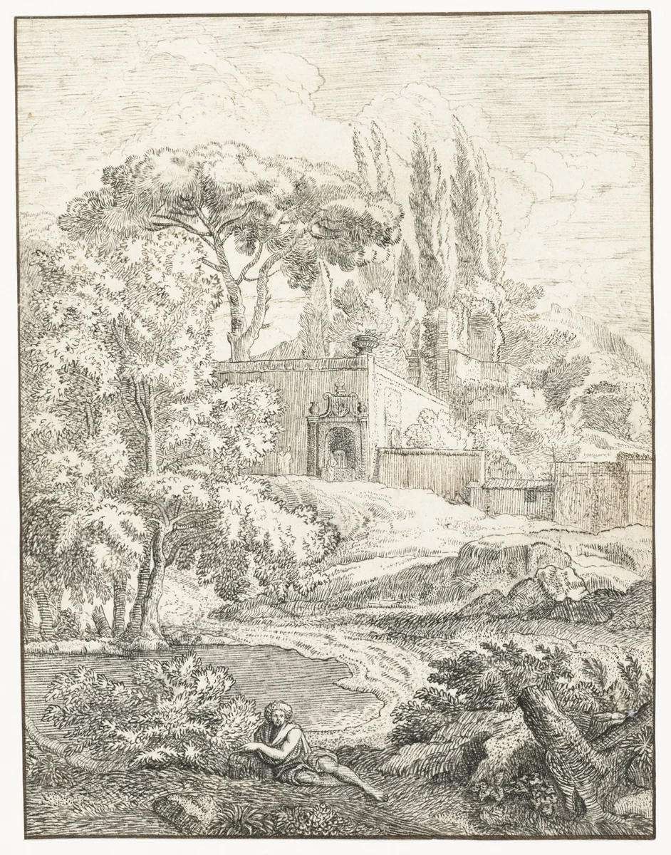 Landschap met liggende figuur by Abraham Genoels, drawing, 1650-1723