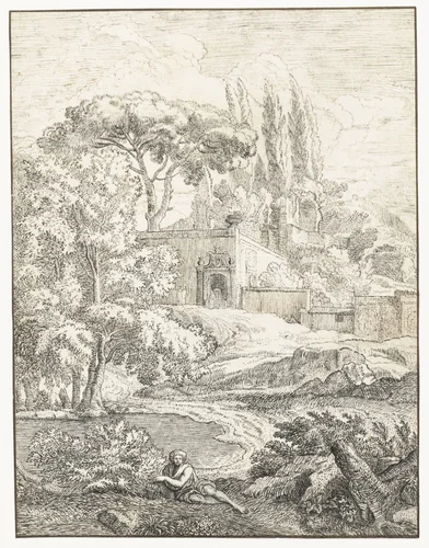 Landschap met liggende figuur by Abraham Genoels, drawing, 1650-1723
