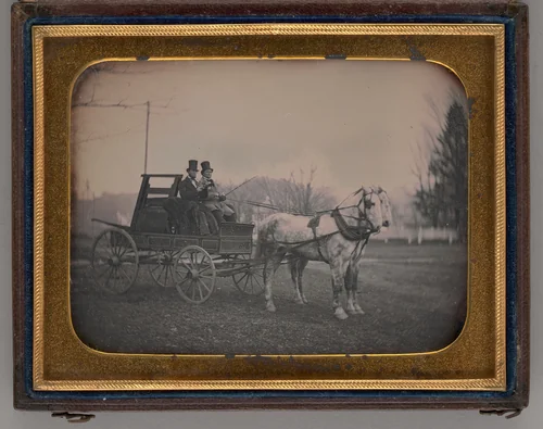 Untitled (Two Men with Top Hats atop a Horse-Drawn Carriage) by Unknown maker, other, 1850