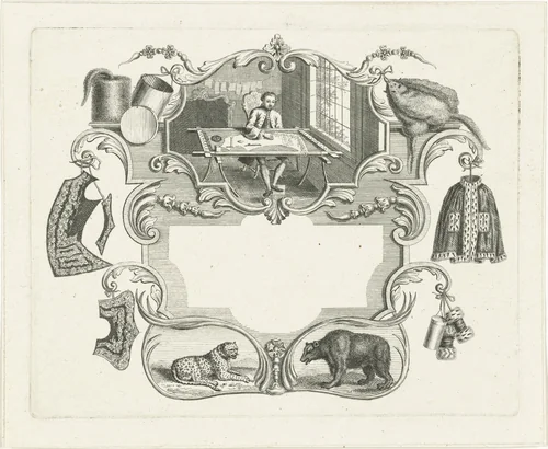 Vignet met kleermaker in cartouche by Abraham Delfos, print, 1741-1784