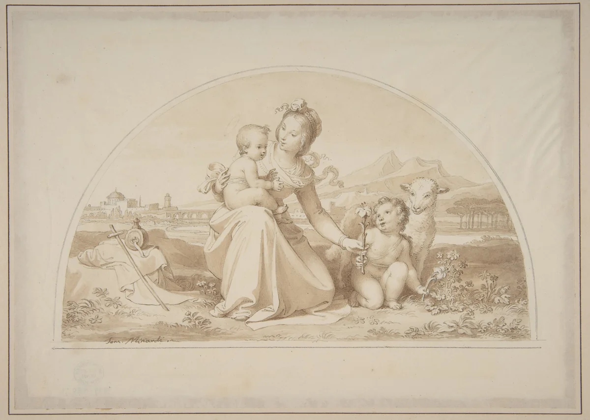 The Virgin and Child with the Infant John the Baptist and a Lamb in a Landscape by Tommaso Minardi, drawing, 1787-1871