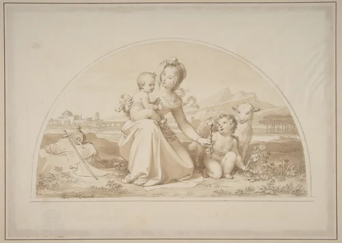 The Virgin and Child with the Infant John the Baptist and a Lamb in a Landscape by Tommaso Minardi, drawing, 1787-1871