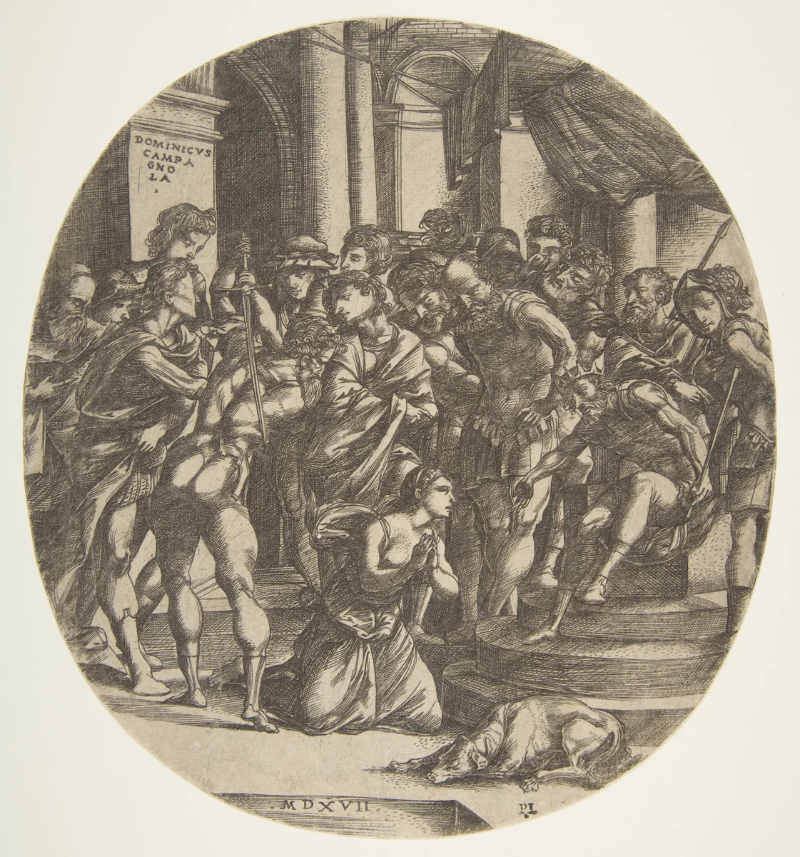Female figure (Saint Catherine?) kneeling on the ground at center pleading to a male figure (Maximus?) who wears a crown and is seated on a throne at right; at left a figure with raised sword about to strike the woman; a group of figures looking on in the background by Domenico Campagnola, print, 1517