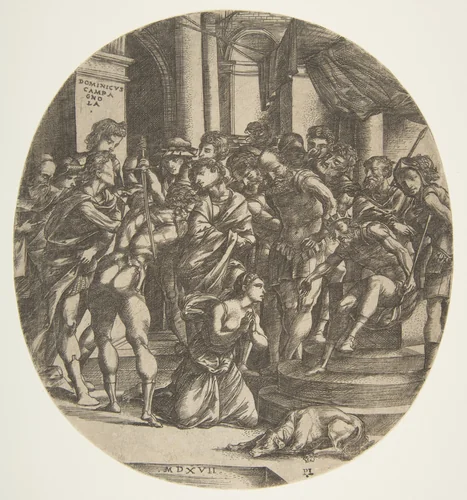 Female figure (Saint Catherine?) kneeling on the ground at center pleading to a male figure (Maximus?) who wears a crown and is seated on a throne at right; at left a figure with raised sword about to strike the woman; a group of figures looking on in the background by Domenico Campagnola, print, 1517