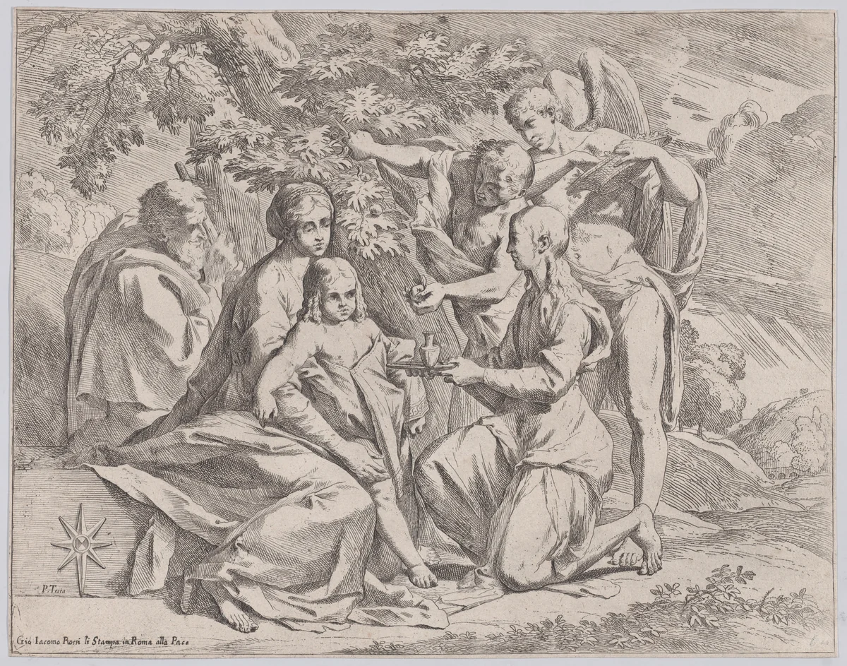 The Holy Family fed by Angels by Pietro Testa, print, 1640-1650