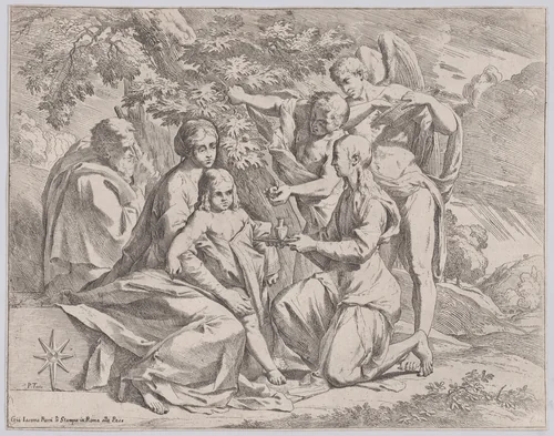 The Holy Family fed by Angels by Pietro Testa, print, 1640-1650