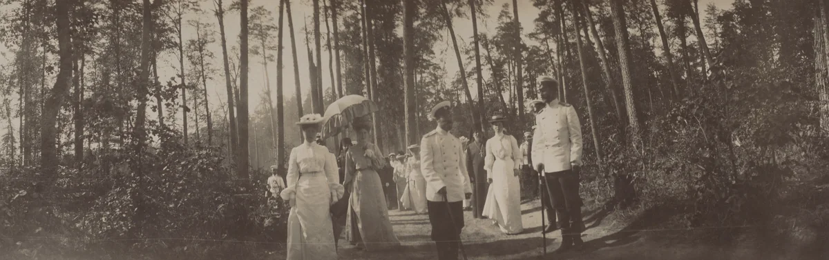 Emperor Nicholas II, Empress Alexandra Feodorovna with an Umbrella and Grand Duchess Olga Alexandrovna on a Walk Through the Woods in Sarov by Unidentified Photographer, photograph, 1903