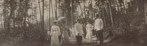 Emperor Nicholas II, Empress Alexandra Feodorovna with an Umbrella and Grand Duchess Olga Alexandrovna on a Walk Through the Woods in Sarov by Unidentified Photographer, photograph, 1903