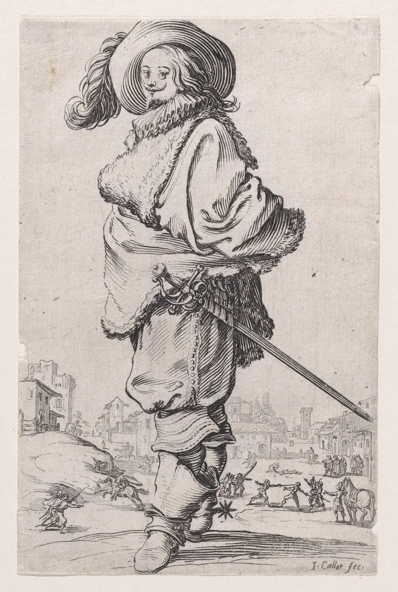 Le Gentilhomme au Plastron de Fourrure (The Gentleman with a Fur Shirt Front), from "La Noblesse" (The Nobility) by Jacques Callot, print, 1618-1628