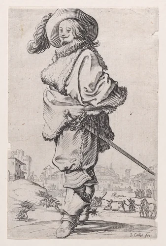 Le Gentilhomme au Plastron de Fourrure (The Gentleman with a Fur Shirt Front), from "La Noblesse" (The Nobility) by Jacques Callot, print, 1618-1628