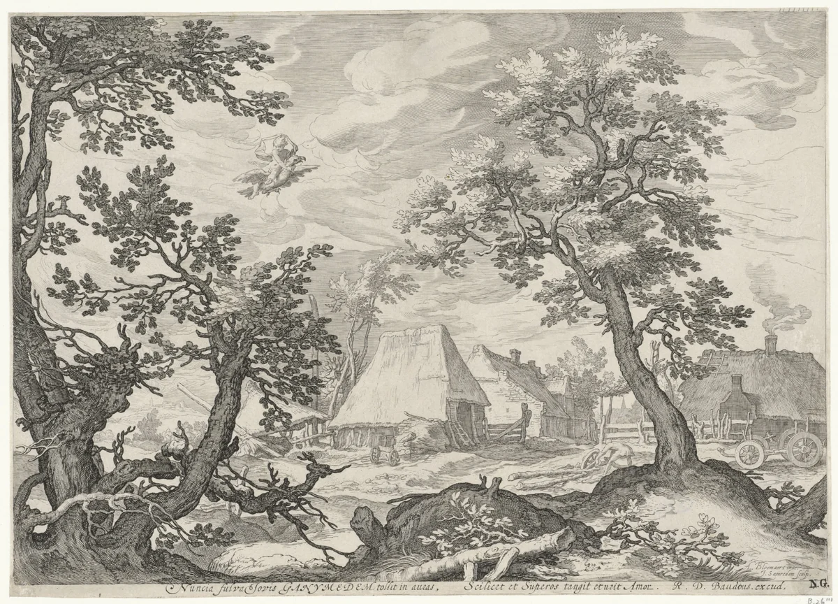 Landschap met de ontvoering van Ganymedes by Unknown, print, 1575-1607