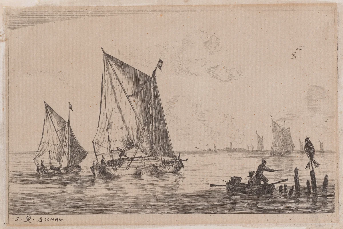 A "Duinopschuit," a Smaller Sailing Boat, and a Rowboat by Reinier Nooms, print, 1651-1661