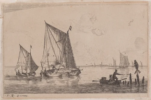 A "Duinopschuit," a Smaller Sailing Boat, and a Rowboat by Reinier Nooms, print, 1651-1661