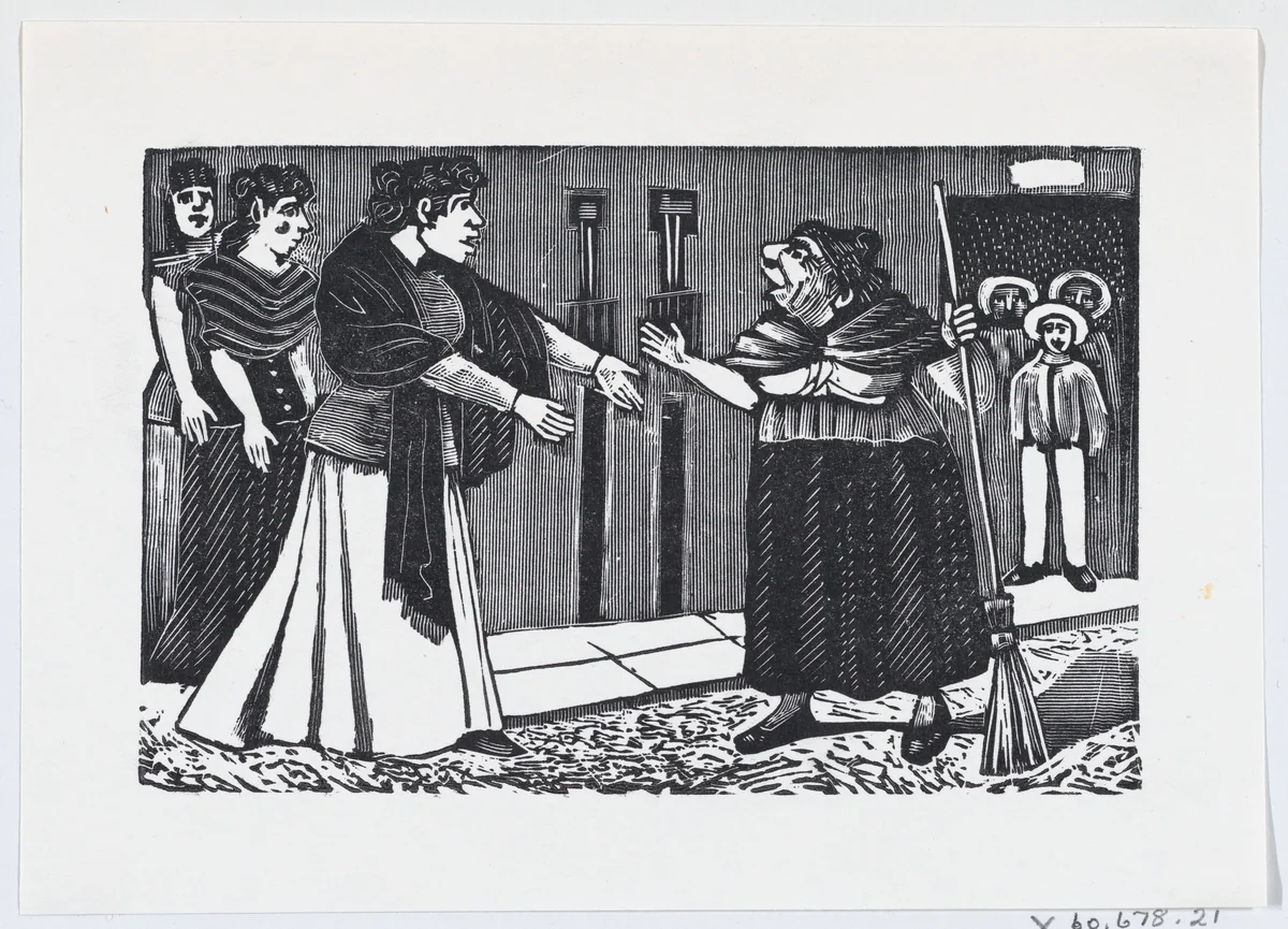 An old woman with a broom in her hand arguing with a younger woman from a broadside entitled 'El Pleito de Vecindad' by José Guadalupe Posada, print, 1875-1885