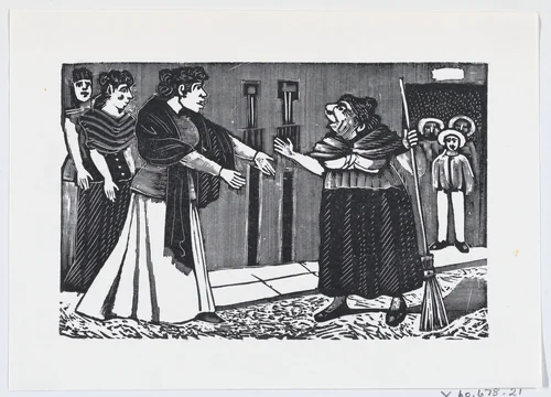 An old woman with a broom in her hand arguing with a younger woman from a broadside entitled 'El Pleito de Vecindad' by José Guadalupe Posada, print, 1875-1885