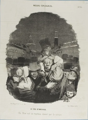 At the Fireworks Display. A father is a draft horse, provided by nature, plate 33 from Moeurs Conjugales and plate 14 in Actualités by Honoré-Victorin Daumier, print, 1840
