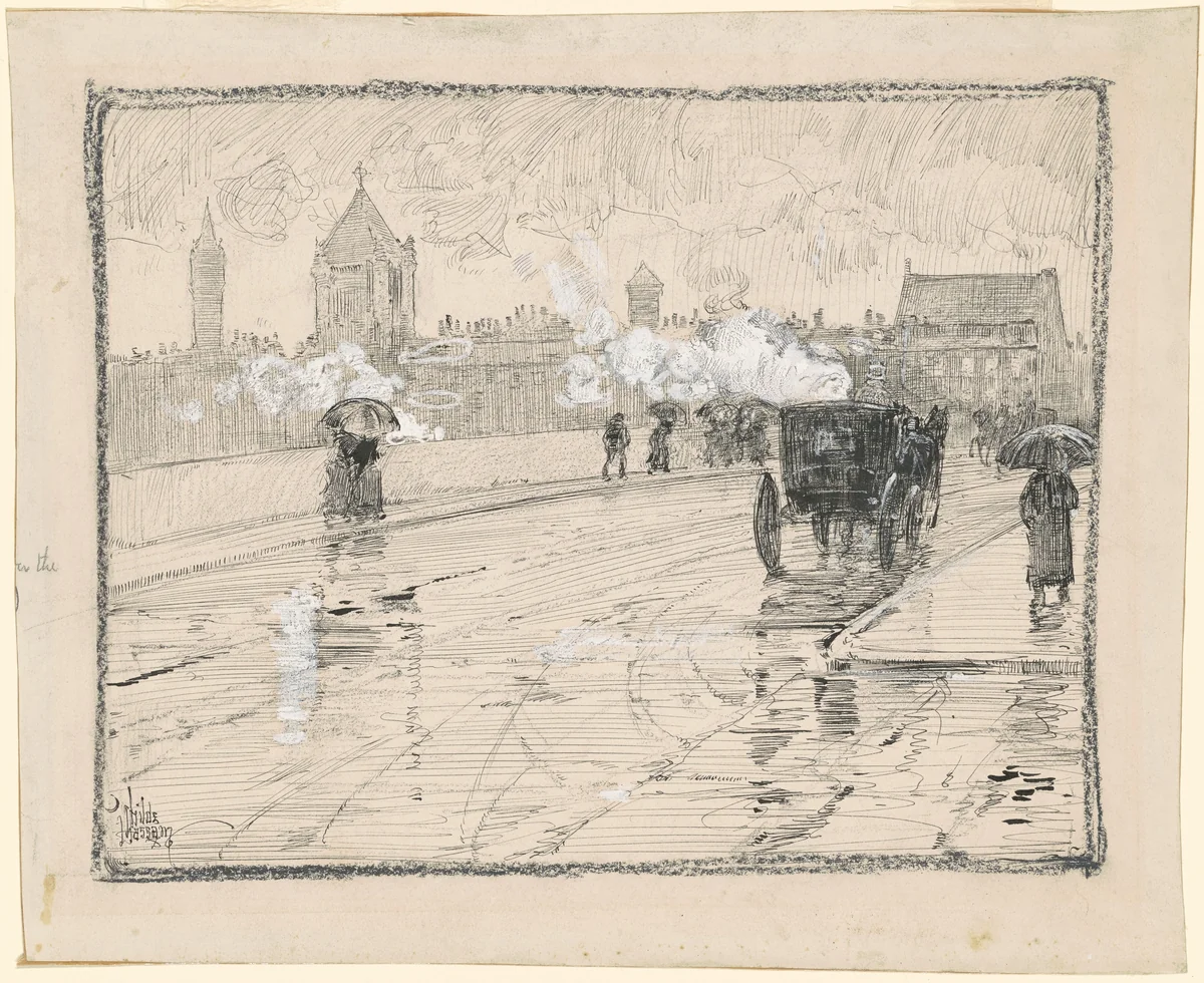 Rainy Day, Boston by Childe Hassam, drawing, 1886