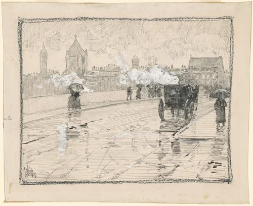 Rainy Day, Boston by Childe Hassam, drawing, 1886