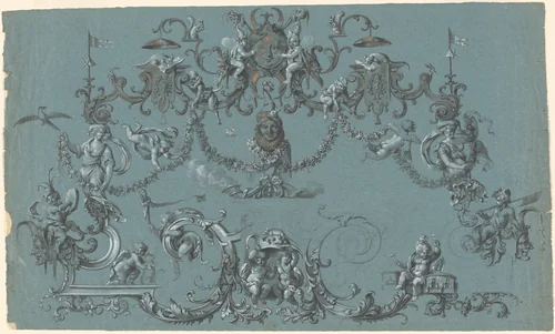Arabesques with Frolicking Putti, Animals, and Jesters by South German 18th Century, drawing, 1745-1755