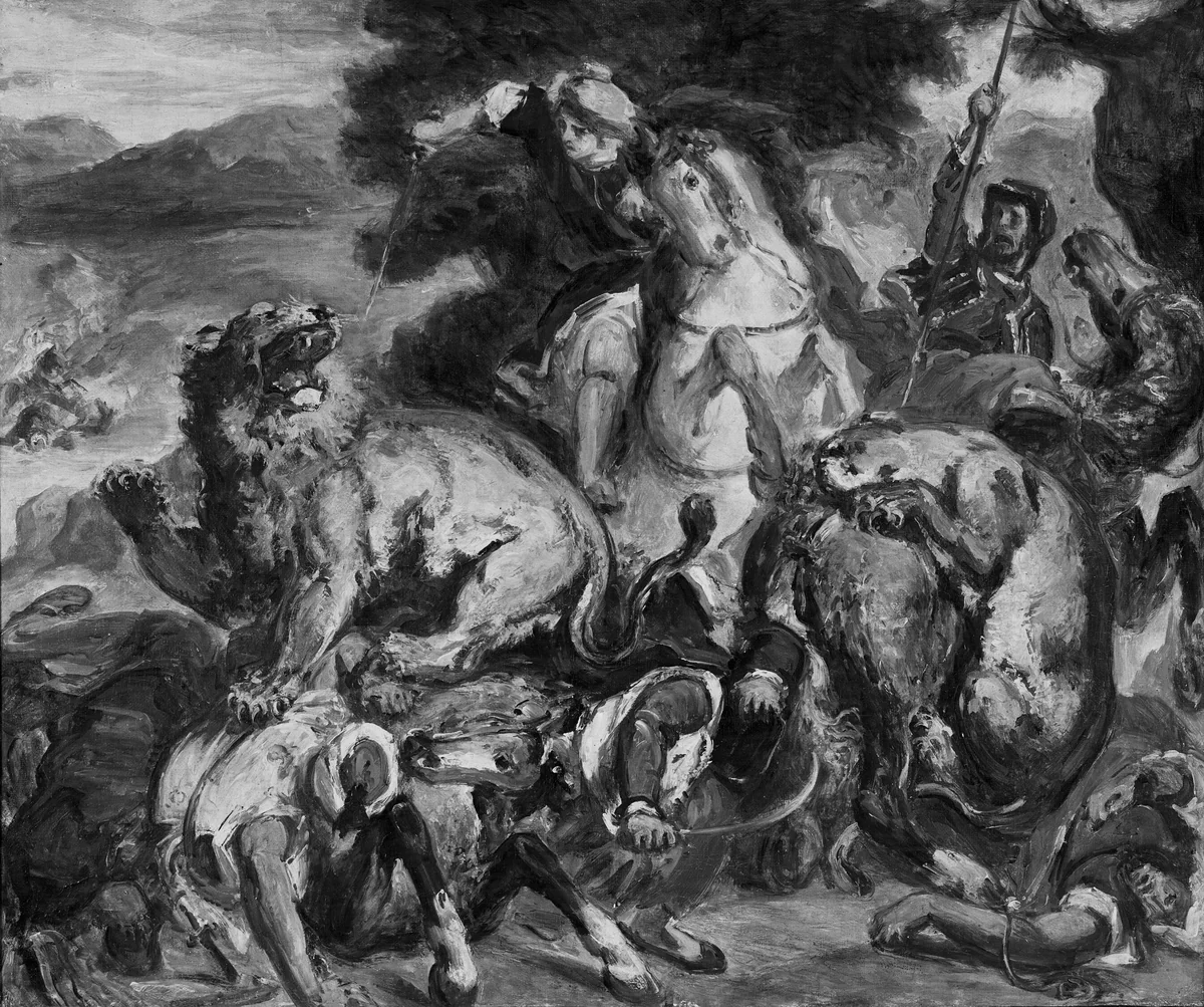 The Lion Hunt by Pierre Andrieu, painting, 1855