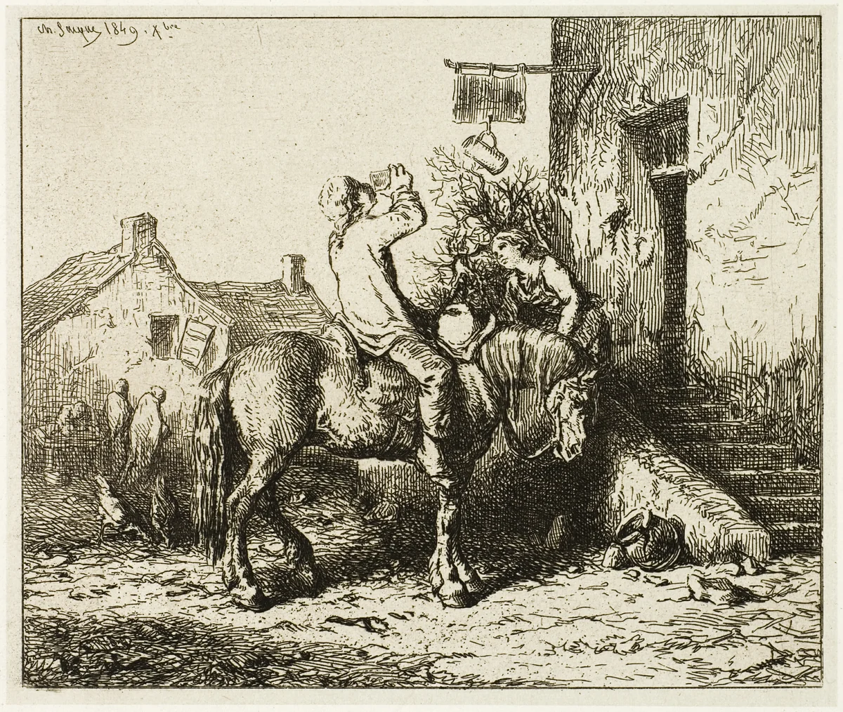 Entrance to an Inn, with Peasant Drinking by Charles-Émile Jacque, print, 1849
