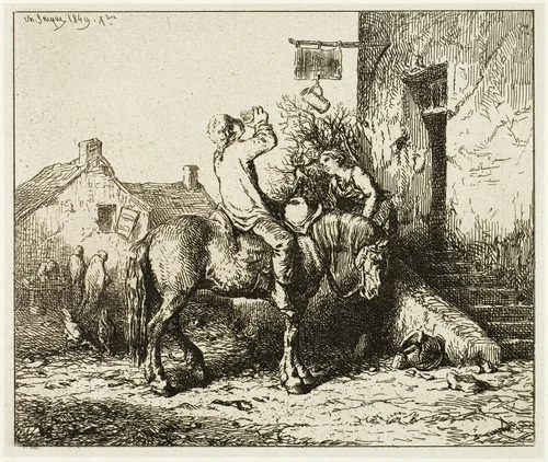 Entrance to an Inn, with Peasant Drinking by Charles-Émile Jacque, print, 1849