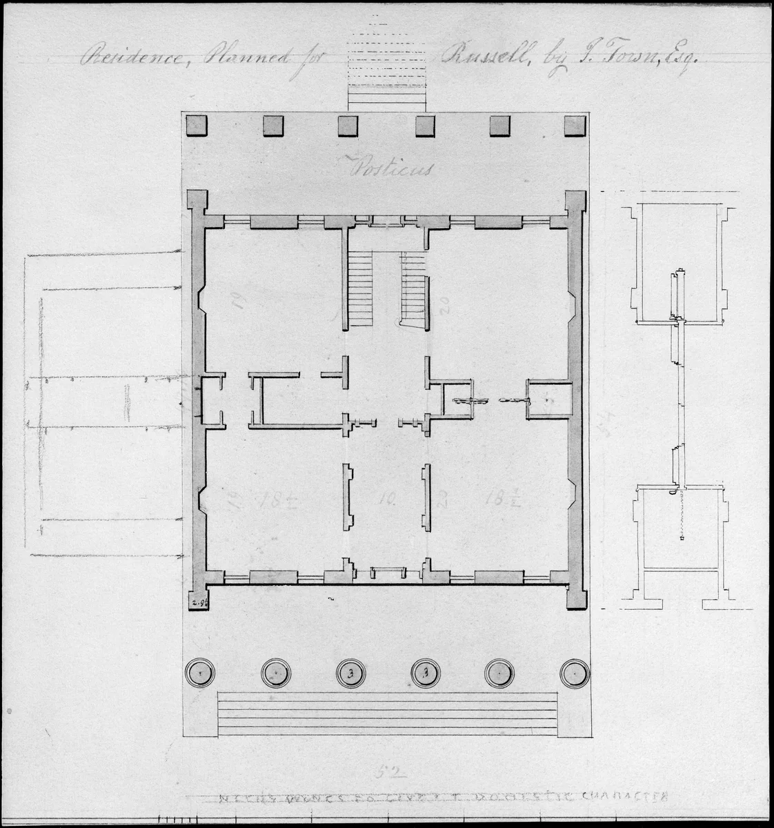 Residence, Planned for Russell, by I. Town, Esq. by Alexander Jackson Davis, drawing, 1820-1828