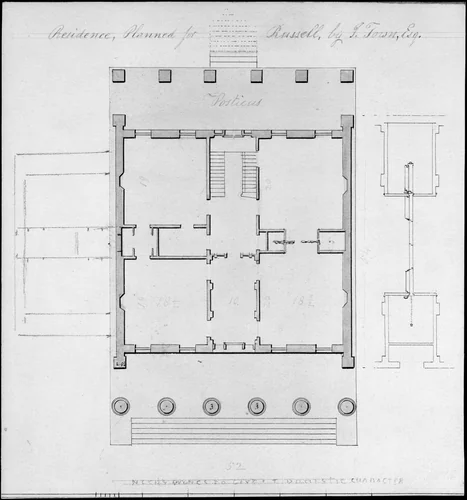 Residence, Planned for Russell, by I. Town, Esq. by Alexander Jackson Davis, drawing, 1820-1828