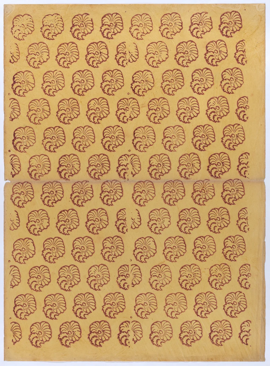 Yellow sheet with overall red abstract pattern by anonymous, print, 1800-1900