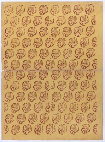 Yellow sheet with overall red abstract pattern by anonymous, print, 1800-1900