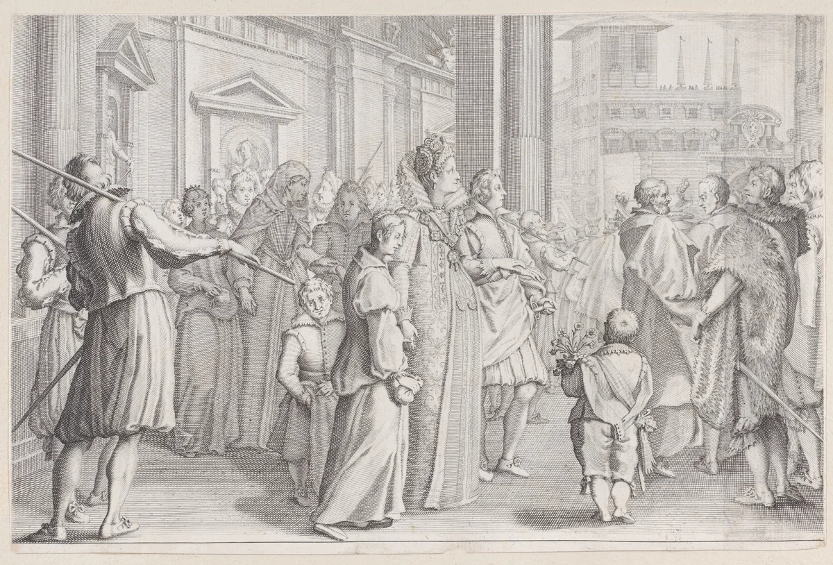 La Grande Duchesse Marie des Jeunes Filles, from "La Vie de Ferdinand Ier de Médicis série appelée aussi Les Batailles des Médicis" (The Life of Ferdinand I de'Medici also called The Medici Battles) by Jacques Callot, print, 1614-1620