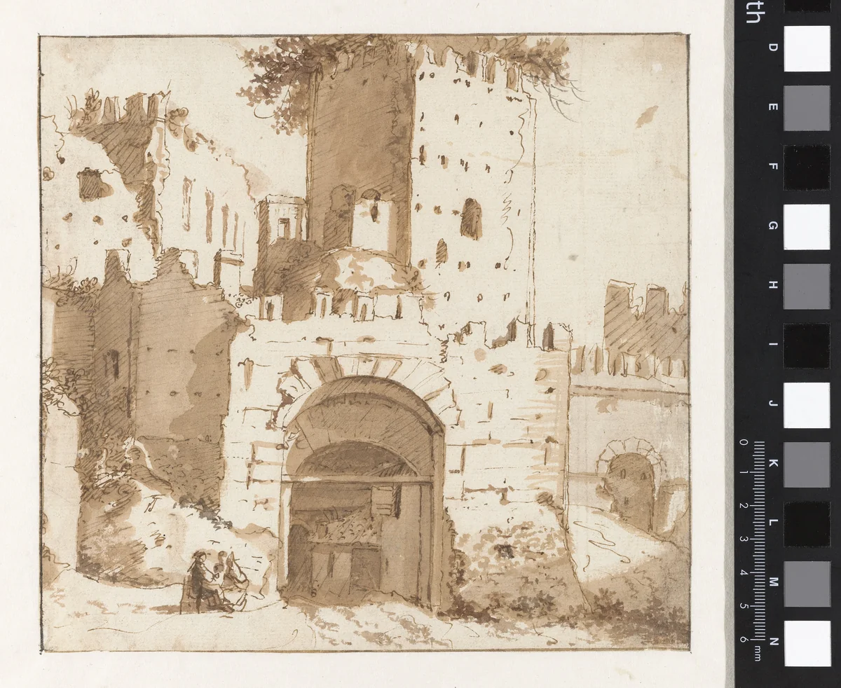 Ruïnes van Italiaanse stadswal met poort by Jan de Bisschop, drawing, 1648-1671
