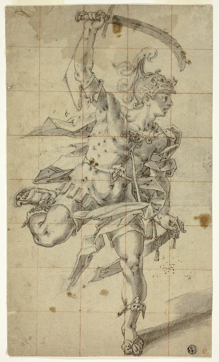 Male Warrior Running with Drawn Sword by Hubert Gerhard, drawing, 1595-1605