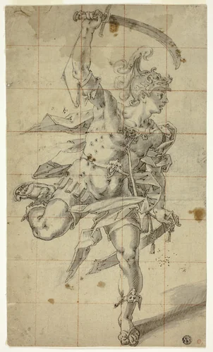 Male Warrior Running with Drawn Sword by Hubert Gerhard, drawing, 1595-1605