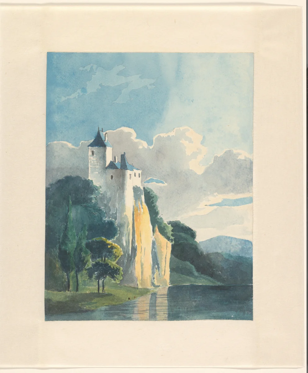 Berglandschap met een kasteel aan een meer by Johannes van Reijn, drawing, 1800-1900