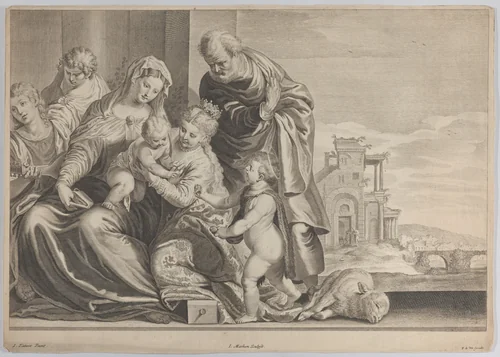 The Holy Family with Saint John the Baptist and musicians by Jacob Matham, print, 1590-1631