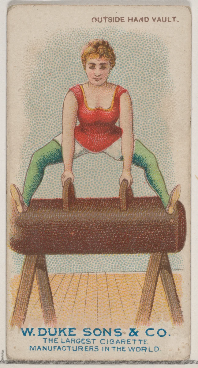 Outside Hand Vault, from the Gymnastic Exercises series (N77) for Duke brand cigarettes by W. Duke, Sons & Co., print, 1887