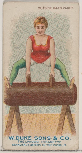 Outside Hand Vault, from the Gymnastic Exercises series (N77) for Duke brand cigarettes by W. Duke, Sons & Co., print, 1887