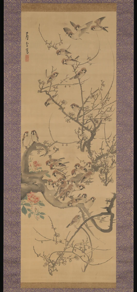 Sparrows in a Plum Tree by Nagasawa Rosetsu (長澤蘆雪), painting, 1796-1799