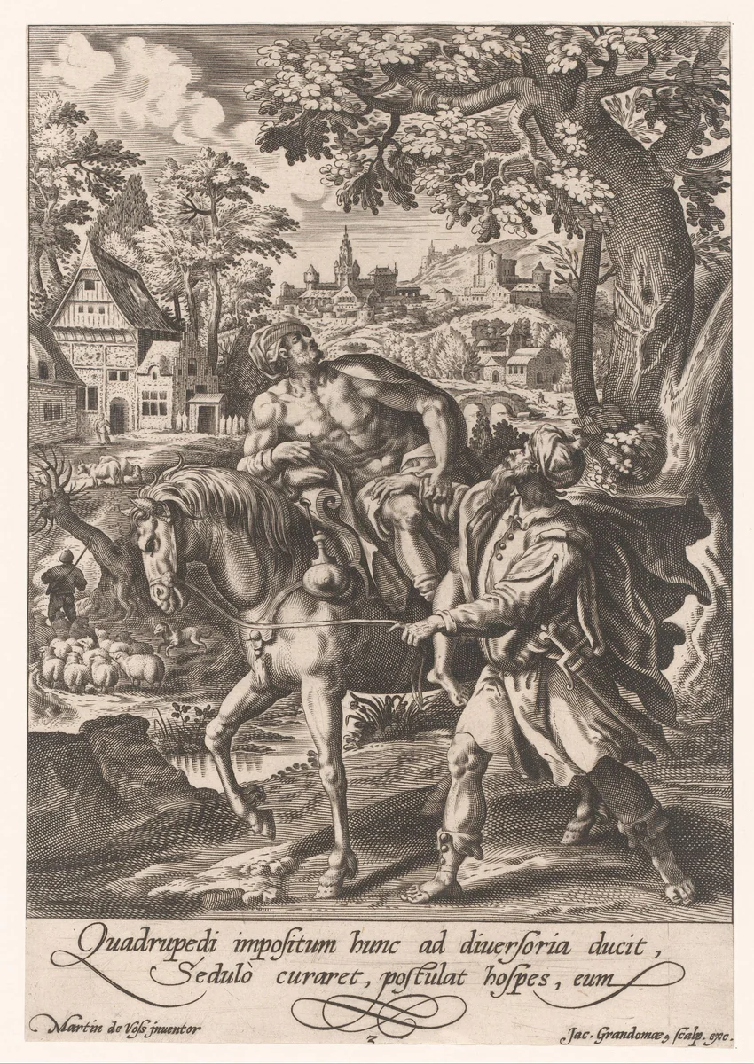 Samaritaan brengt de gewonde man naar een herberg by Unknown, print, 1588-1622